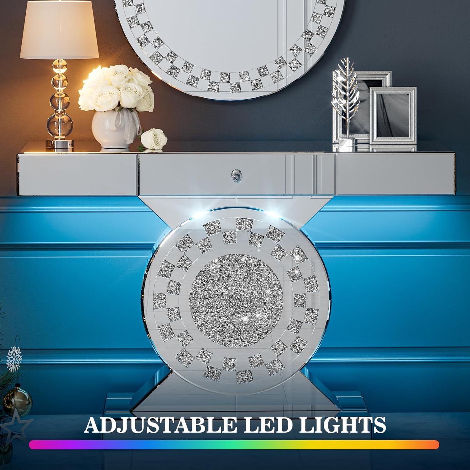 ARICOEASY Mirrored Console Table with LED Light and Storage Drawer, 47.2'' Long Entryway Sofa Table