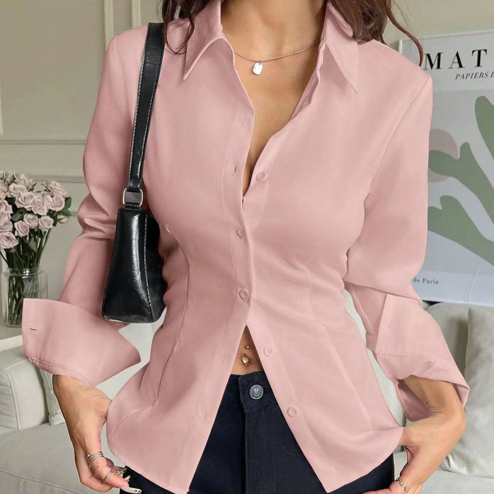 Long Sleeve Shirts for Women, Women's Long Bell Sleeve Button Down Shirt Lace Up Back Princess Line Lapel Top