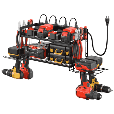 Garage Tools Storage with Charging Station , Wall Mount Metal 8 Outlets,  2 Layers Utility Shelf & 4 Drills Holder for Power Tool Organizer