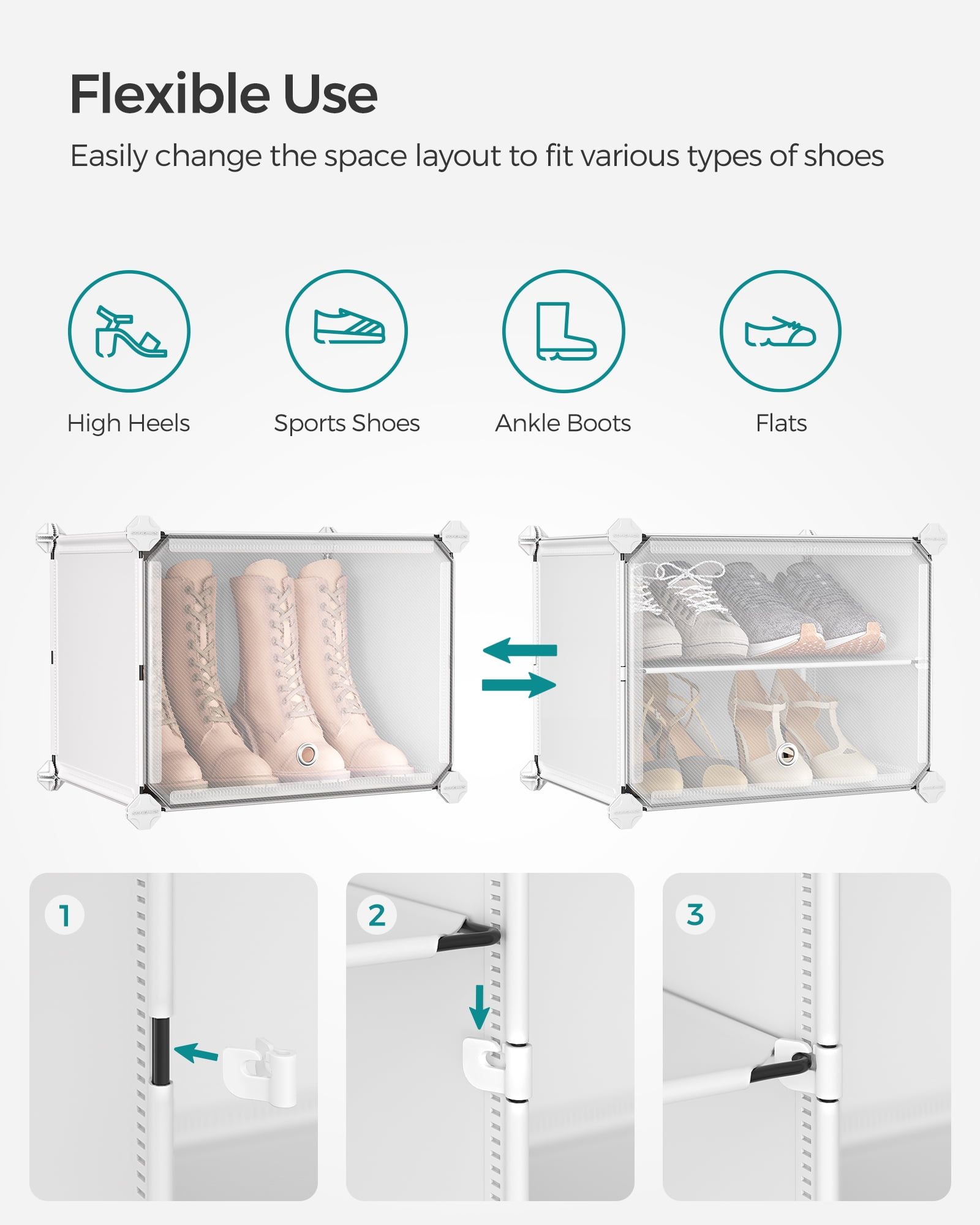 SONGMICS 10-Cube Shoe Rack with Doors, White Plastic Storage Cabinet for 40 Pairs of Shoes, Steel Frame, Entryway & Bedroom Organizer