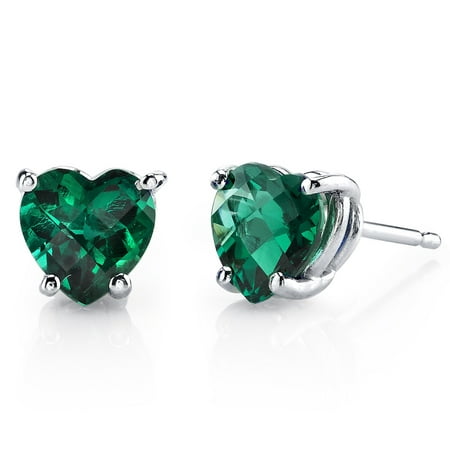 Peora 1.50 Ct T.G.W. Heart-Cut Created Emerald 14K White Gold Stud Earrings