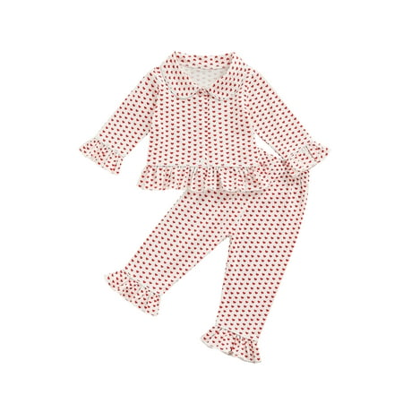 

Gureui 1-6Y Toddler Kids Girls Pajama Sets Sweet Love Heart Print/Solid Long Sleeve Lapel Button Down Shirt Tops+Pants
