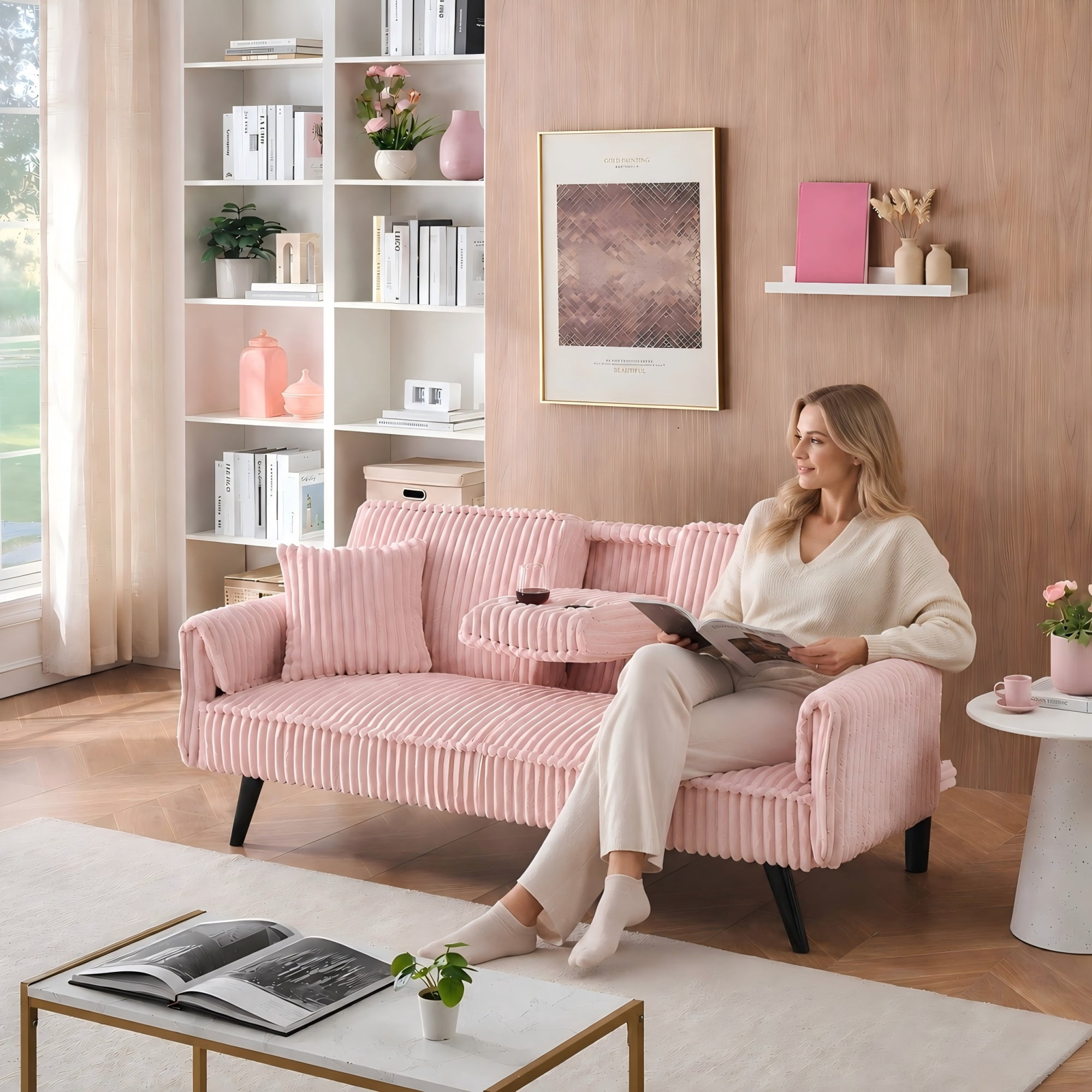 BSHTI 72" Corduroy Sofa Bed with Pull-Out Cup Holder, Adjustable Back, Straight-Line Design for Living Room（Pink）