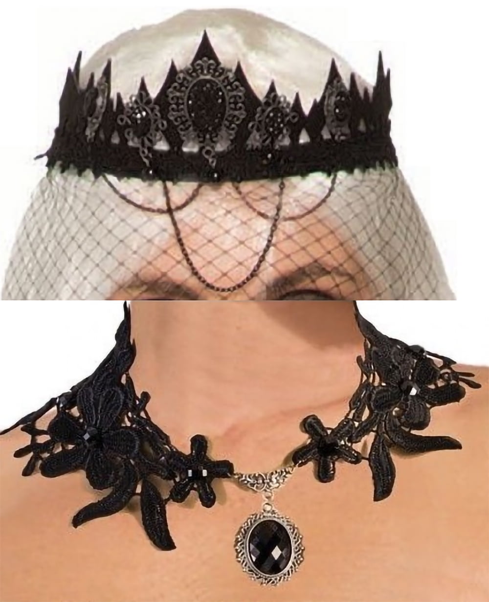 Dark Royalty Love Lace Necklace and Veil Crown Evil Queen Costume