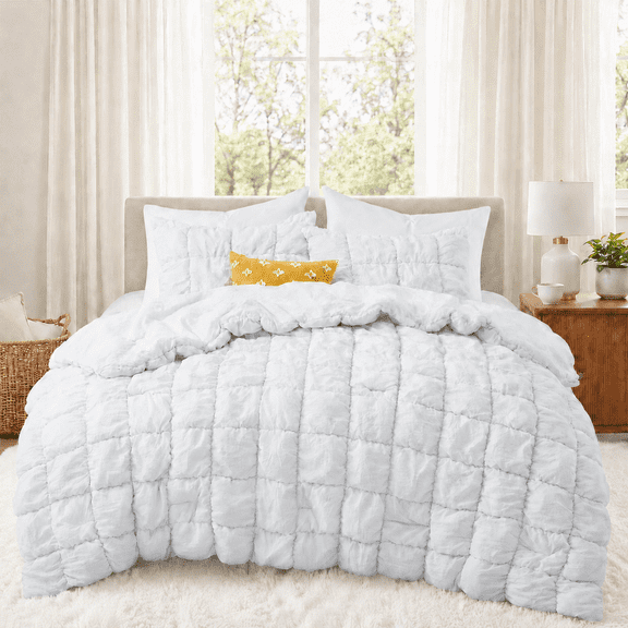Unikome Twin Comforter Set, Soft Down Alternative Comforter with Puff Texture, All Season Cozy Bed Comforter with 2 Pillow Shams, Machine Washable, White