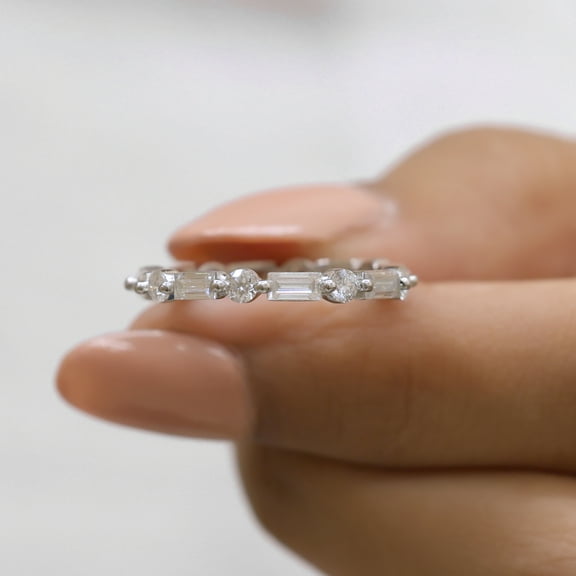 VINSON 1.50 TW Baguette and Round Moissanite Diamond Wedding Band - Floating Bubble Stackable Eternity Band -Matching Ring