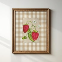 Mocha Gingham Sweet Strawberries, Trendy Decor, Abstract Vintage Painting, English Garden, Floral, Cottage Wall Art, Modern Wall Decor For Living Room, 8x12 UNFRAMED
