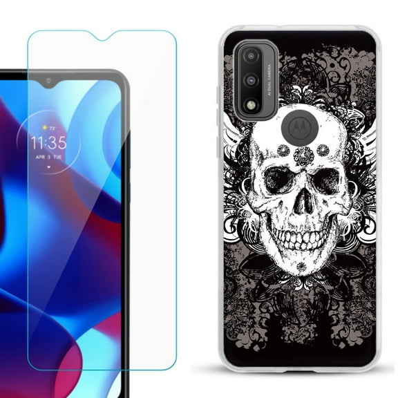 Slim-Fit Gel TPU Phone Case for Motorola Moto G Pure, with Tempered Glass Screen Protector, by OneToughShield ® - Grunge Skull