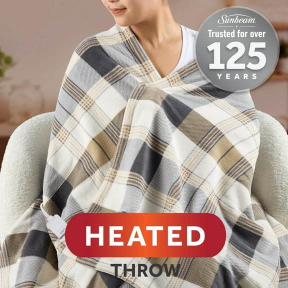Sunbeam Electric Heated Throw Blanket Neutral Plaid Super Soft Microplush 4 Heat Settings Oversized 60x80