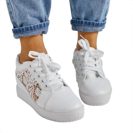 Oyedens White Fashion Sneakers for Women Mesh Hidden High Heels Platform Walking Canvas Shoes Girls