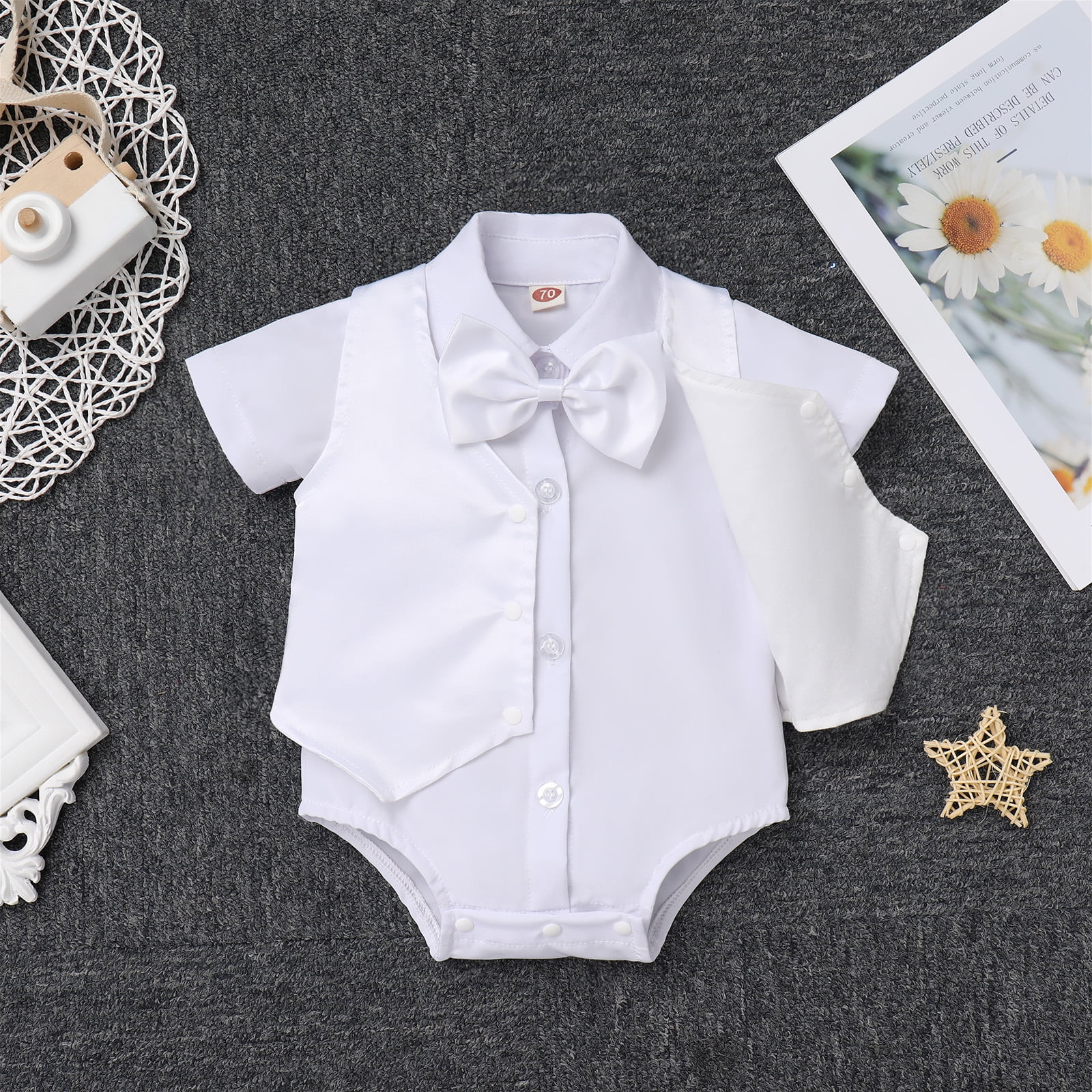 Baby Boys Baptism Christening Outfits Gentleman Formal Suit Bowtie Romper Vest Shorts Pants White Wedding Tuxedo Party Outfits First Birthday Cake Smash Clothes 4PCS Set (White Bowtie, 18-24 Months)