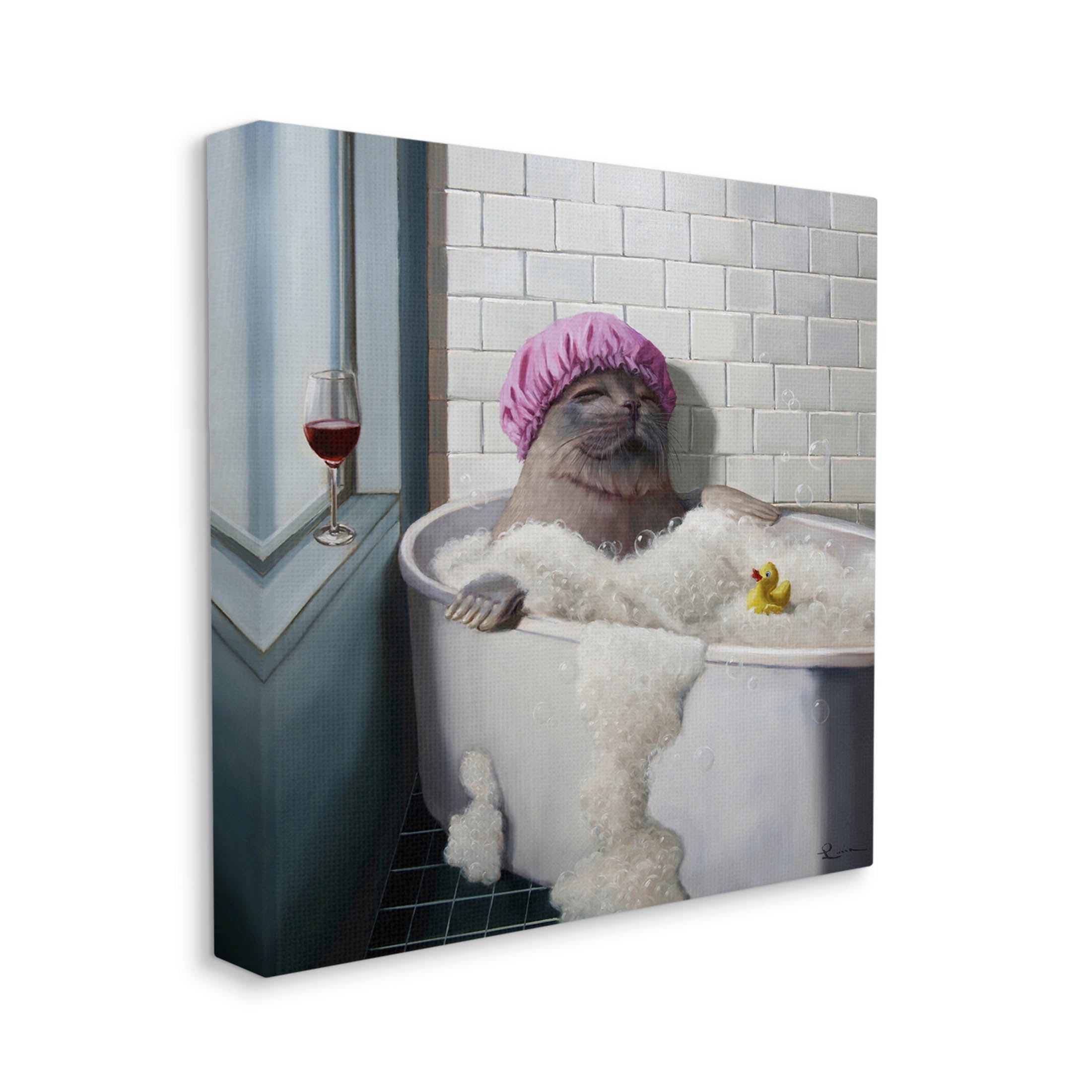 Relaxing Seal Bathtub Wine Glass Animals & Insects Graphic Art Gallery Wrapped Canvas Print Wall Art