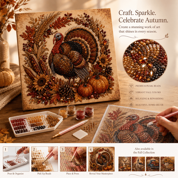 Premium 3D Pearl AutumnThanksgiving Diamond Painting Art Kit, Complete Fall Pearl Bead Craft Set for Adults, Beginner Harvest DIY Project and Thanksgiving Gift