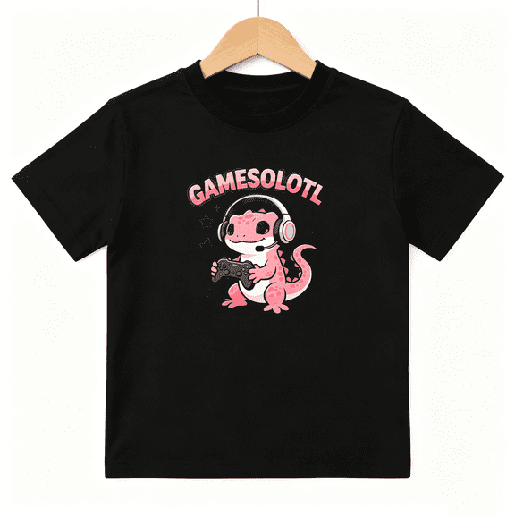 Gamer Axolotl Pink Headset Boys Graphic Tee, Cute Video Game 100% Cotton Kids Short Sleeve T-Shirt 4-13Y