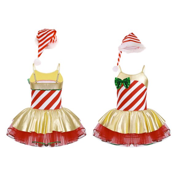 iiniim Girls Christmas Ballet Dance Xmas Santa Figure Ice Skating Costume Striped Leotard Dress Size 4-16 Red 6