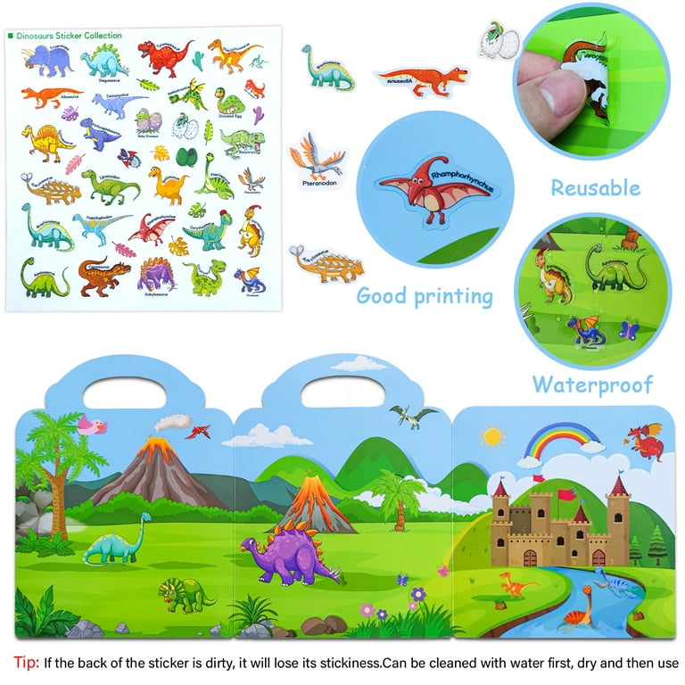 Sticker Books for Kids 2-4, Reusable Sticker Book Farm, Dinosaur and Vehicles Theme Activity Books Stickers for Boys Preschool Education Learning Toys
