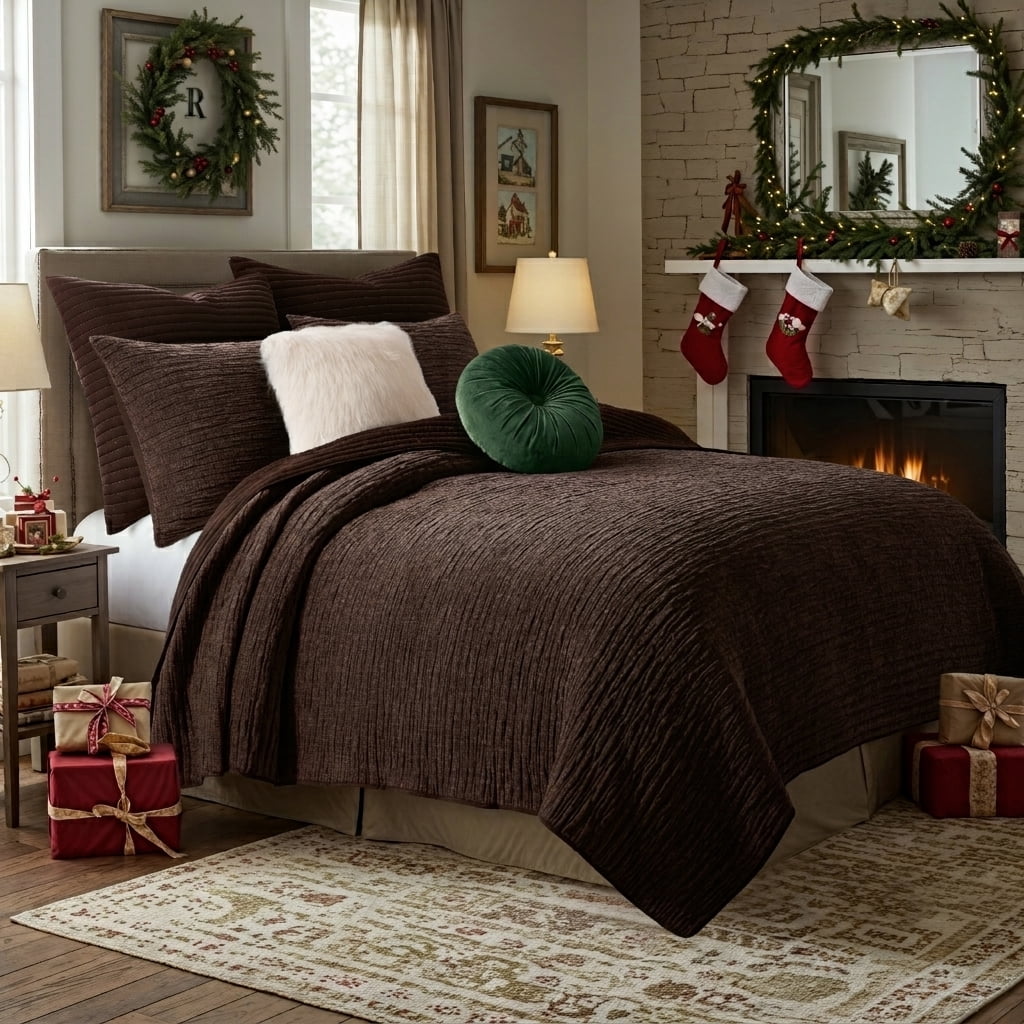 Greenland Home Fashions Velvet Crush Chocolate Textured Plush Chenille Coverlet Set, All Ages, 2-Piece Twin/Twin XL