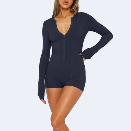 Socisucc Thong Bodysuit for Women Womens Sexy Bodysuit V-Neck Long Sleeve Yoga Rompers Workout Ribbed Pajamas Sport Jumpsuits Rompers