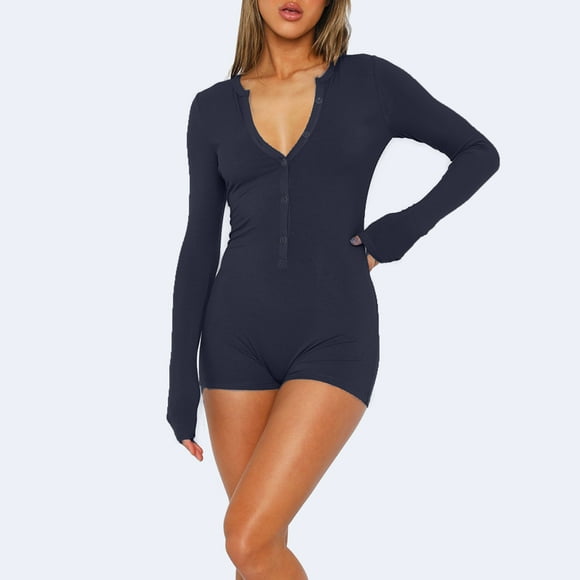 DPTALR Womens Sexy Bodysuit V-Neck Long Sleeve Yoga Rompers Workout Ribbed Pajamas Sport Jumpsuits Rompers