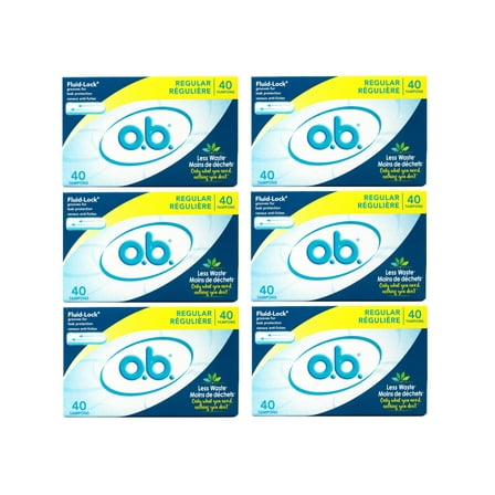 o.b. Tampons No Applicator, Unscented - 40ct, Applicator-Free Tampons Regular, Feminine Care, ob Tampon Regular, Period Products - 6 Pack