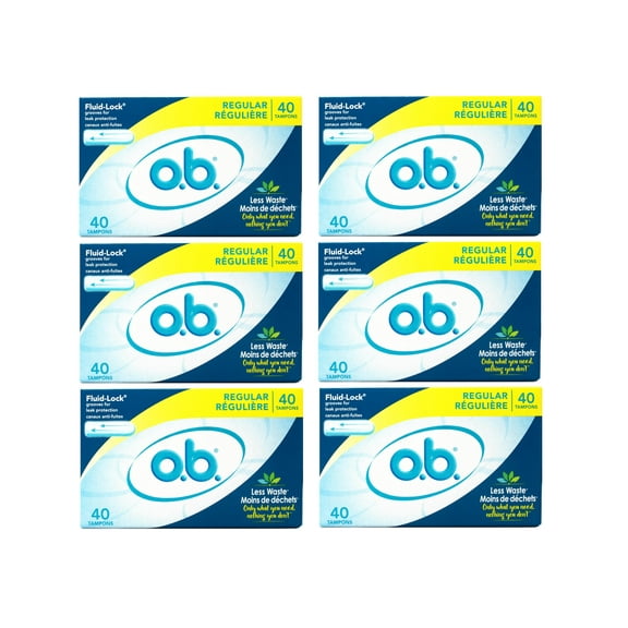o.b. Tampons No Applicator, Unscented - 40ct, Applicator-Free Tampons Regular, Feminine Care, ob Tampon Regular, Period Products - 6 Pack