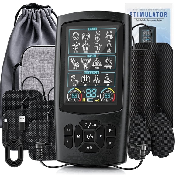 FRESHDEW TENS Unit, Rechargeable Muscle Stimulator with 12 Reusable Pads, EMS Dual Channel, 28 Modes, 40 Intensity for Back, Neck, Leg Relief