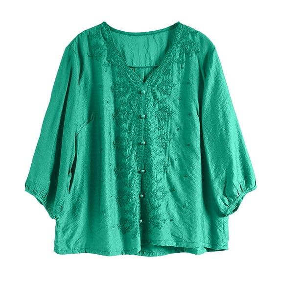 Holzkary Embroidered Tops for Women Tops 2025 Cotton Linen Top Blouses Retro Plus Size 3/4 Sleeve V Neck Embroidered Shirt Casual Summer Boho T Shirts Loose Fit Half Sleeve Floral Blouses Green Xxl