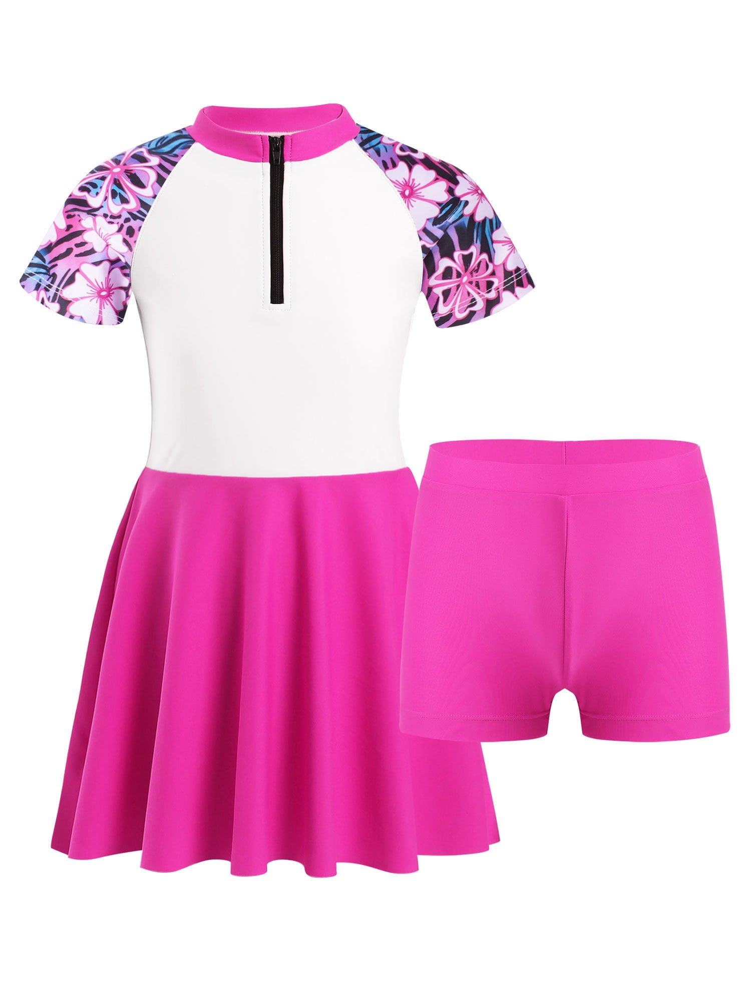 iEFiEL 2Pcs Girls Swimsuit Front Zipper Floral Print Dress with Shorts
