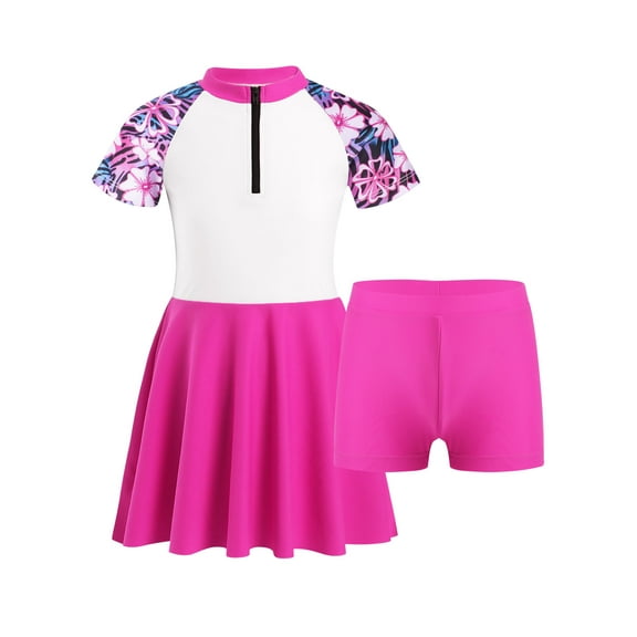 CHICTRY Kids Girls 2Pcs Short Sleeve Rashguard Dress with Shorts Swimsuit Bathing Suit Beachwear Rose Red 4