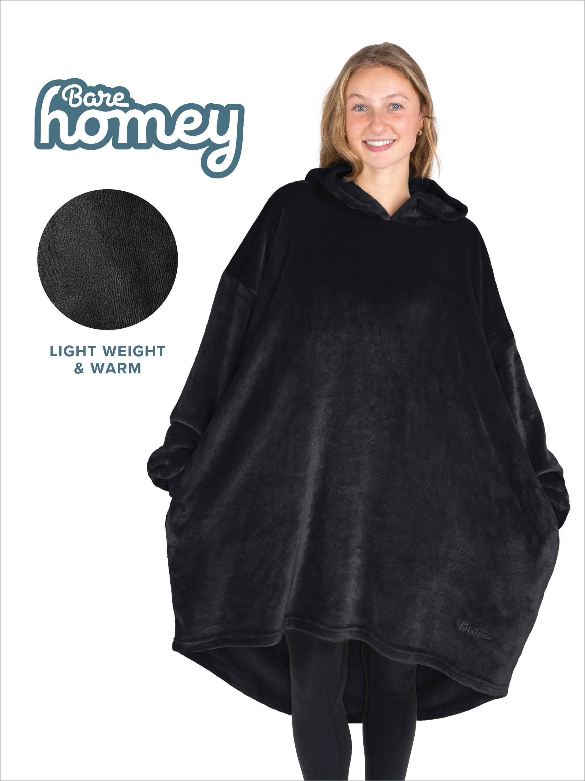 Bare Homey Adult Size Microplush Wearable Blanket - Zipper Side Pockets - Warm - Velvety Soft, Black