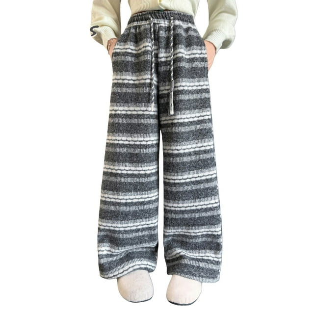LIJCC Girls Aztec Ethnic Pants Drawstring Wide Leg Baggy Pants Knit Lounge Pants Tribal Strip Pant Wool Blend Baggy Sweatpants Soft Warm Fall Winter Lounge Pants