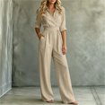 thumbnail image 5 of Aimik Jumpsuits for Women Fashion 3/4 Sleeve Lapel Belted Wide Leg Jumpsuits Summer Fall Womens One Piece Overalls, 5 of 6
