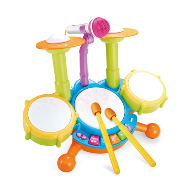 Tambor de jazz infantil CY-6002A con micrófono - Set musical educativo para bebés (verde) con baquetas y luces LED suaves
