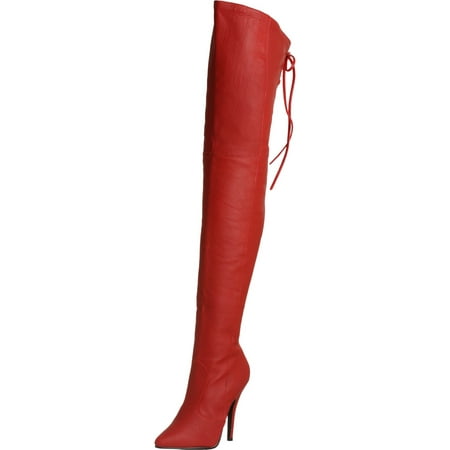 Red Leather High Heel Boot - 5 Inch Sexy Thigh Boot With Lace At The Rear Red Leather High Heel Boot