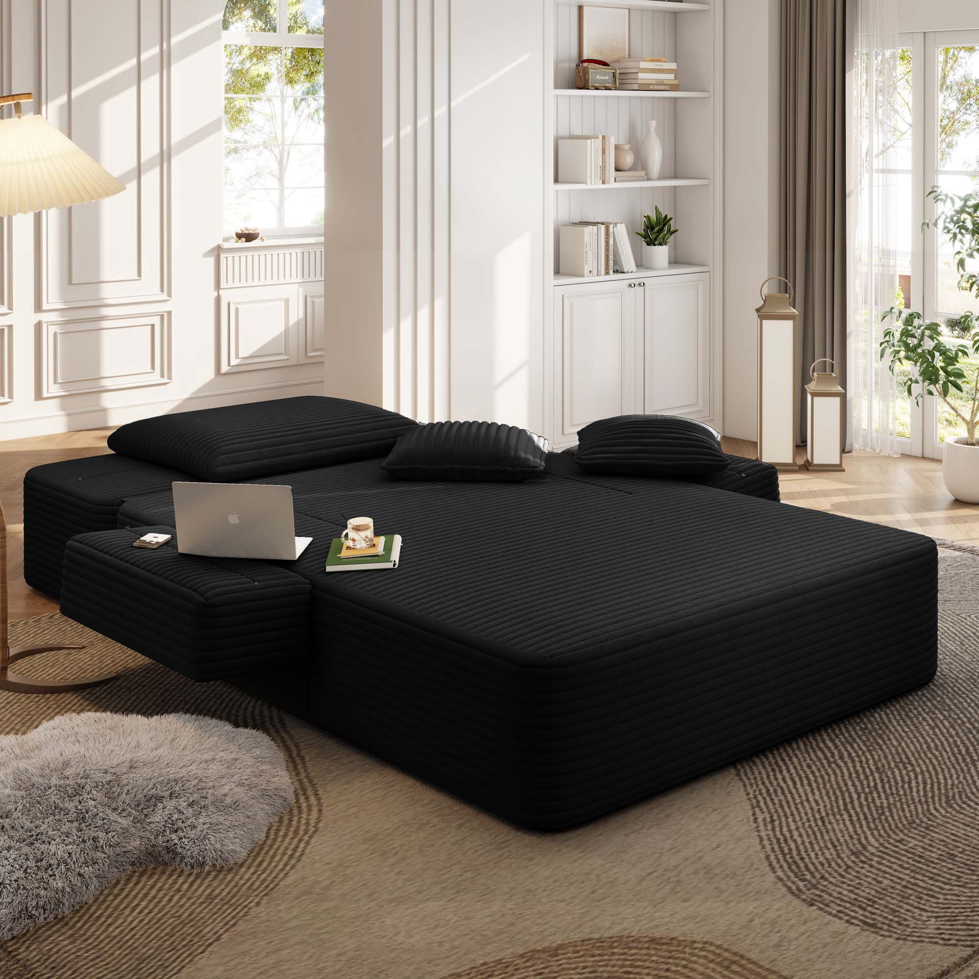 Miniyam 70" x 48.5" Sofa Bed for Small Spaces, Convertible Chaise Lounge with Storage Pocket & Pillows, Plush Corduroy Futon, Black