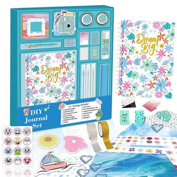 Vidonio 90-Piece DIY Journal Set for Girls Ages 8 , Scrapbooking Kit with Stickers, Pens and Stencils, Blue