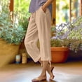 thumbnail image 2 of QATAINLAV Linen Capris Pants for Women Summer Casual Loose Drawstring Elastic High Waist Straight Cropped Trousers with Pockets Beach Clothes Khaki S, 2 of 6