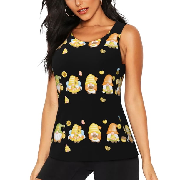 Fotbe Bee Happy Sunflower Gnomes Blusas Sin Mangas para Mujer – Estilo Casual, Corte Suelto, Slim-Fit, Cuello Redondo Deportivo, Tops de Verano para Gimnasio y Yoga-X-Large