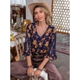 thumbnail image 5 of V neck Blouses for Women Dressy Casual 3/4 Sleeve  Floral Print Tops Loose Flowy Tops Embroidered Shirts, 5 of 7