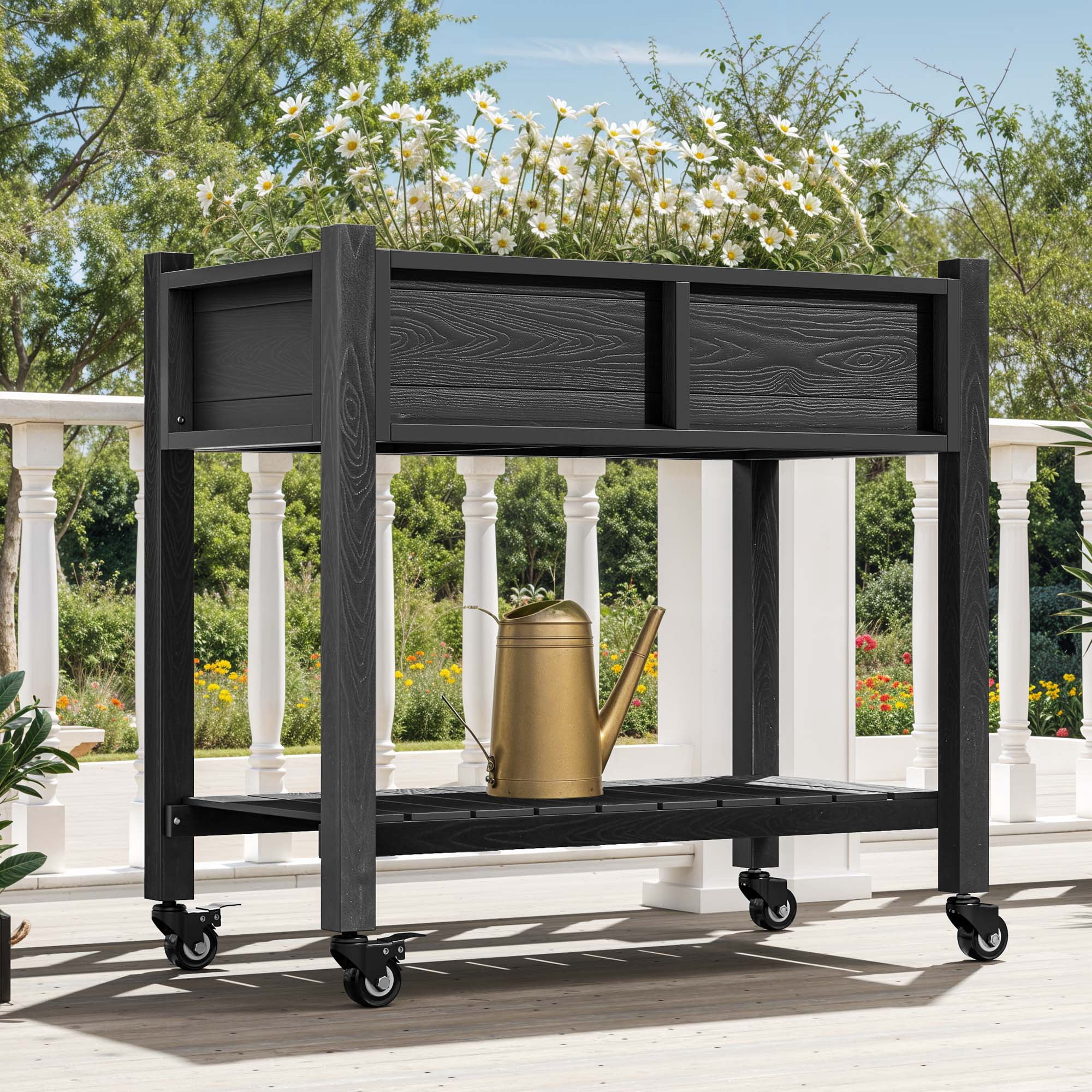 Uforic Elevated Planter Box with Wheels, Weatherproof HIPS Raised Garden Bed with Drainage, Black
