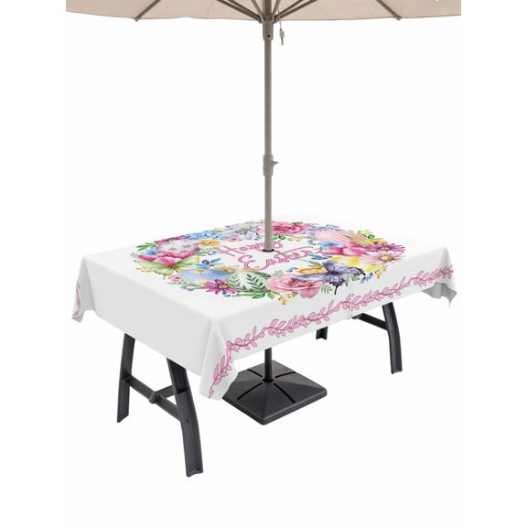 Outdoor Tablecloth with Umbrella Hole and Zipper, Happy Eatser Rectangle Table Cloth 54x80 Inch Waterproof Tablecloth, Spring Flowers Colorful Eggs Pastoral Butterfly Picnic Table Cover for Patio
