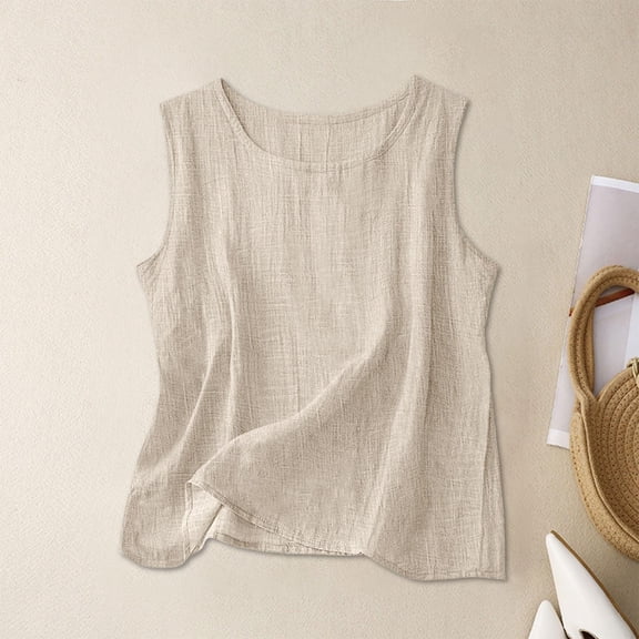 TODOZO Womens Linen Tank Tops Casual Summer Gauze Shirt Racerback Tops Boho Tops for Women Crew Neck Tops Tunic Top Lightweight Gauze Shirts Soft Comfy Blouse Loose Fit Comfy Lounge Wear Beige L
