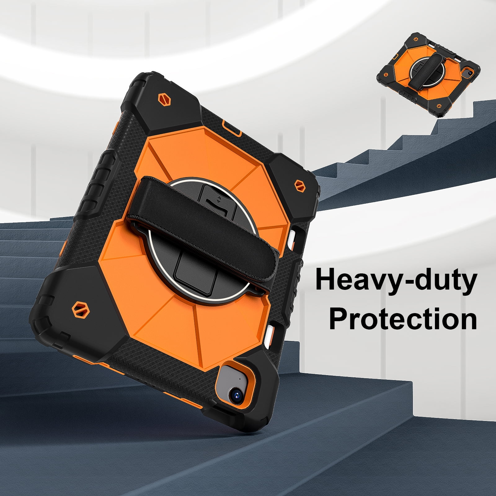for iPad Air 13 inch (M2) 2024 Case, Military Grade Heavy Duty Silicone Protection Cover with Pencil Holder + 360 Rotating Stand + Wrist Handle Rugged Cover for iPad Air 13" 2024, Black+Orange