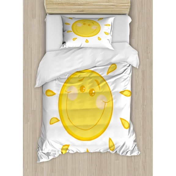 Smile Duvet Cover Set Twin Size, Illustration of a Smiling Sun Cheerful Character on a Plain Background, Decorative 2 Piece Bedding Set with 1 Pillow Sham, Mustard Orange and White, by Ambesonne