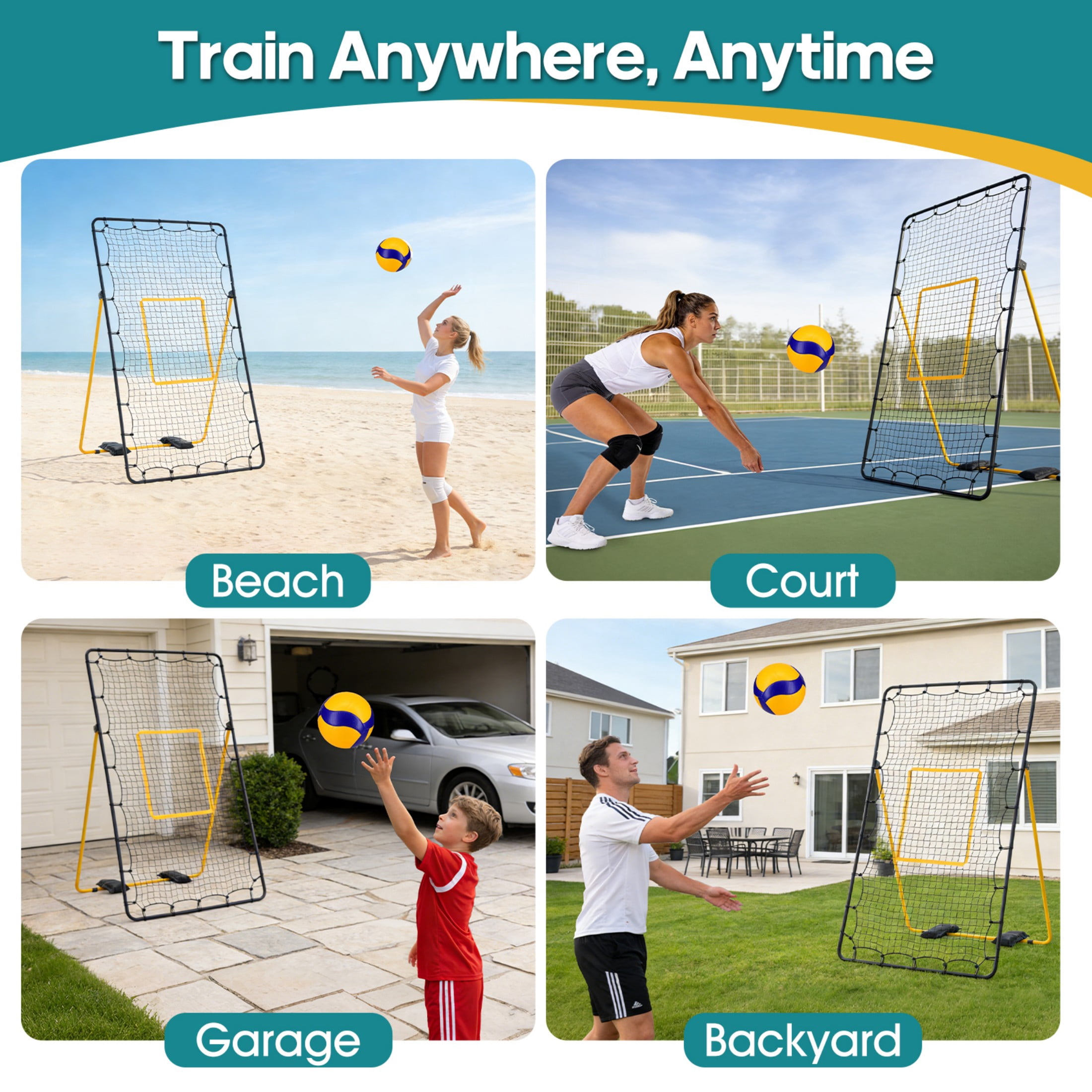SHOUFTW 7x4 ft Volleyball Rebounder Net-Multi-Sport Training Bounce Back Net with Carry Bag, 5 Angle Adjustments for Indoor & Outdoor Practice, Black Yellow