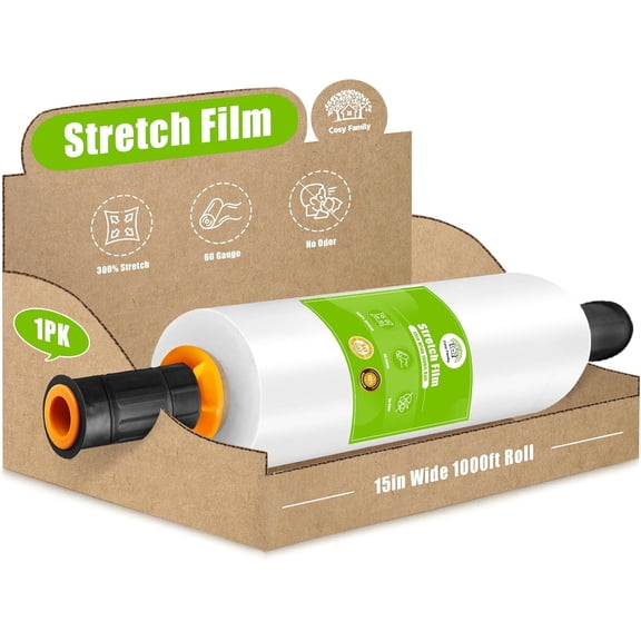 Plastic Wrap Stretch Film Roll - 1000ft 60 Gauge Industrial Strength 15 inch Wide Clear Plastic Wrap Roll with Handles for Pallet Wrapping Shipping Moving - Clear, Pack of 1