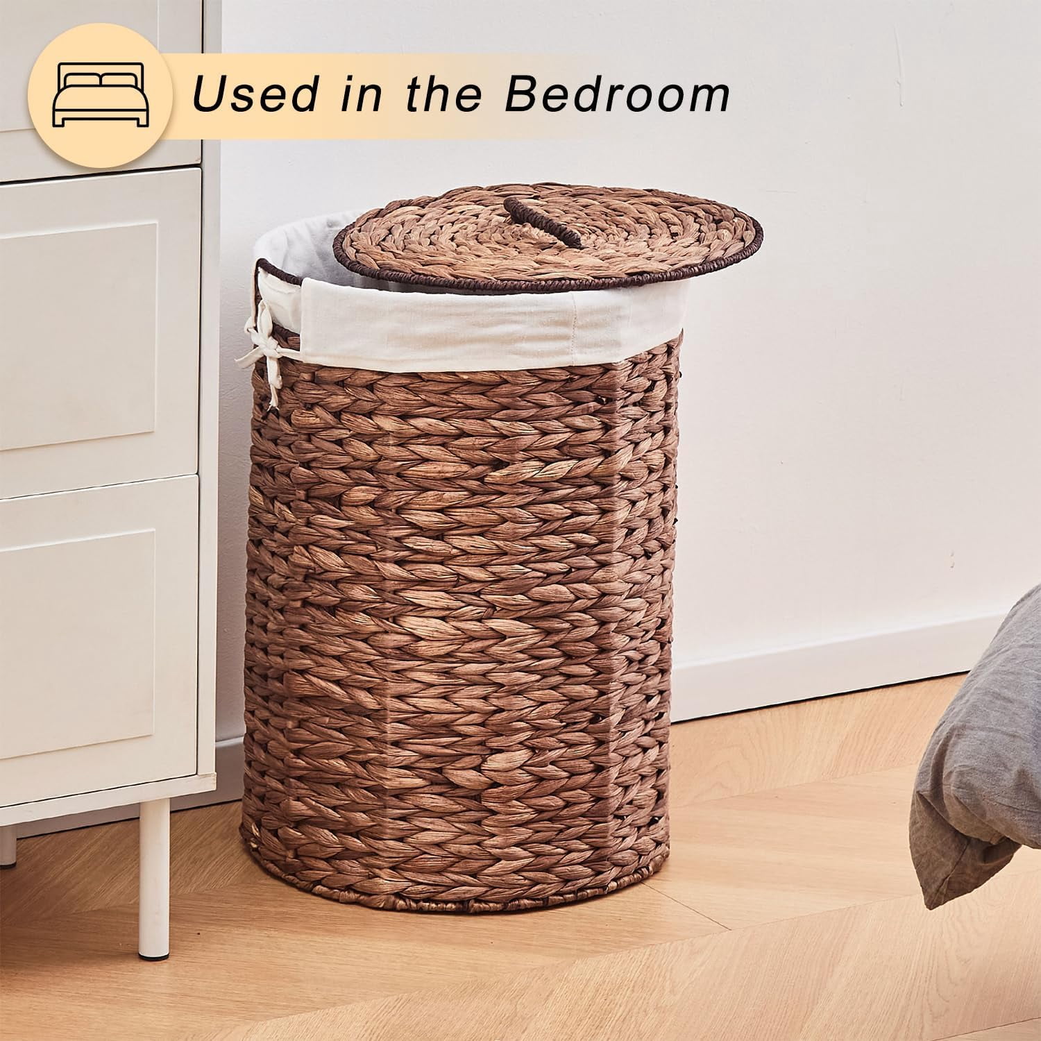 Casa Pura Furniture Handwoven Round Water Hyacinth Laundry Hamper with Lid, 60L Wicker Storage Basket with Handles, No Assembly Needed for Bedroom Bathroom Home Organization
