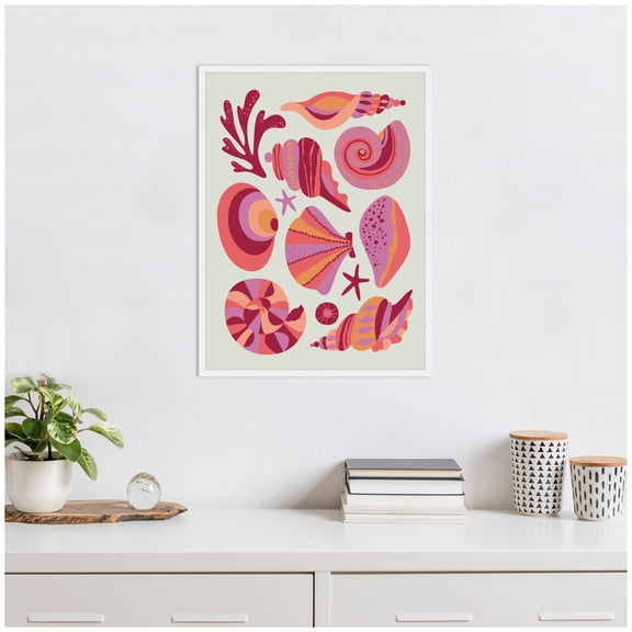 Kate and Laurel Coastal Ocean Seashells Framed Canvas Wall Art by Rachel Lee 18 x 24 Sylvie White, Coastal, Beach, Abstract Art for Wall Decor, Living Room, Bedroom