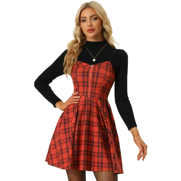 Vestido de Tela de Cuadros con Tirantes para Mujer Vestido de Navidad rojo  XL