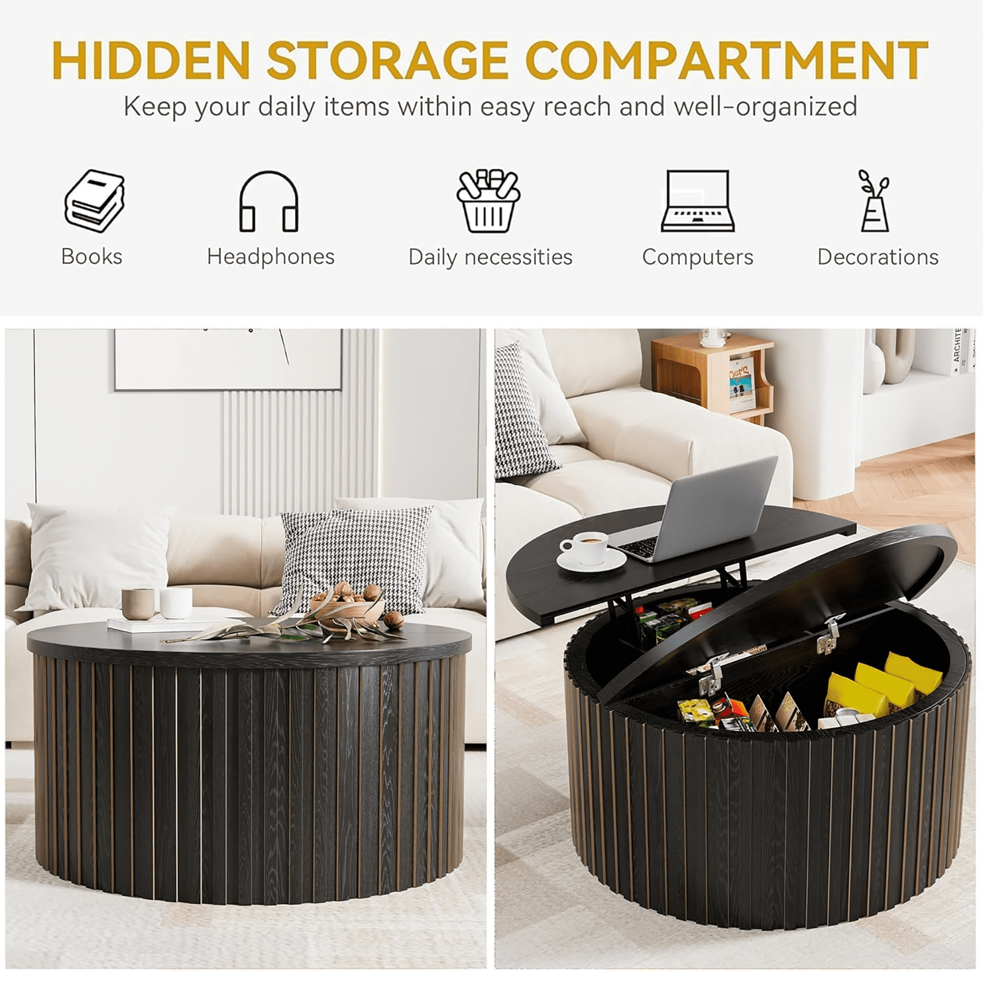 Oubayajia Round Coffee Table, Lift Top Coffee Table with Storage, Black
